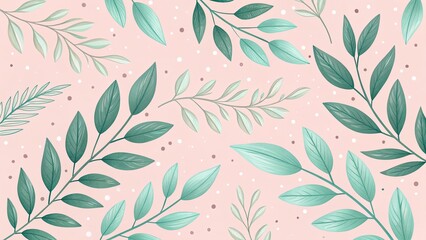 Elegant botanical pattern with green leaves on pink background