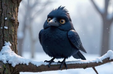 cartoon crow sitting on a snowy branch close-up