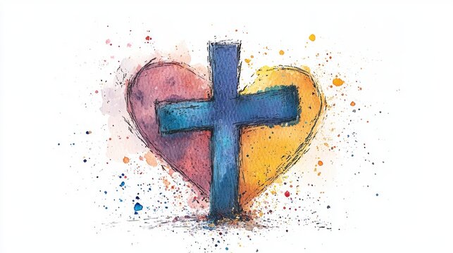 Colorful Watercolor Heart with Black Christian Cross - Religious Symbol on White Background