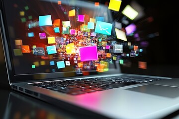 Laptop Screen with Colorful Digital Icons