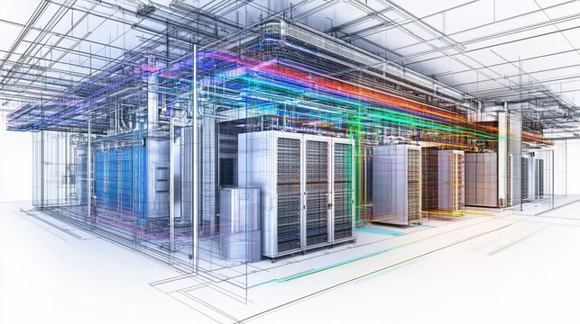 A conceptual rendering of a data center showcasing server racks and infrastructure.