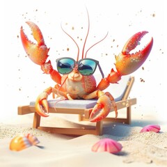 Naklejka premium Cute lobster sunbathing on a beach lounger in a vibrant 3D illustration style