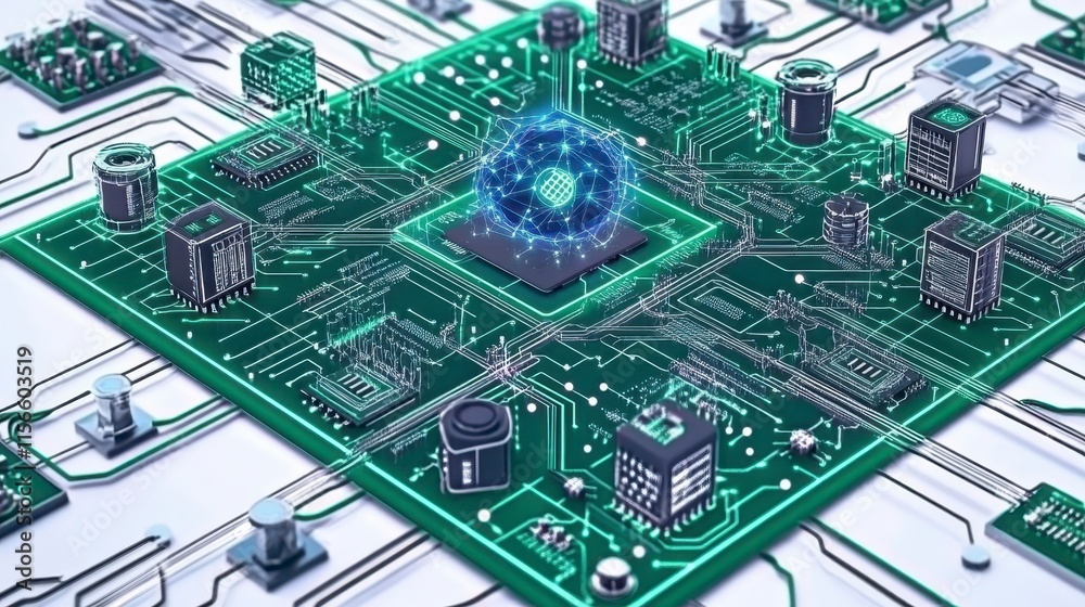 Poster a futuristic circuit board featuring a central processor surrounded by interconnected components and