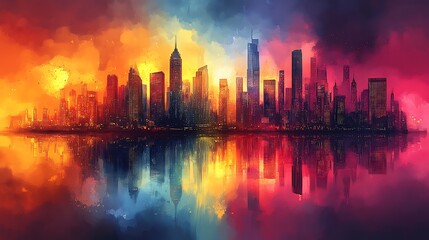 Fototapeta premium Vibrant Cityscape Skyline Reflected In Water At Sunset