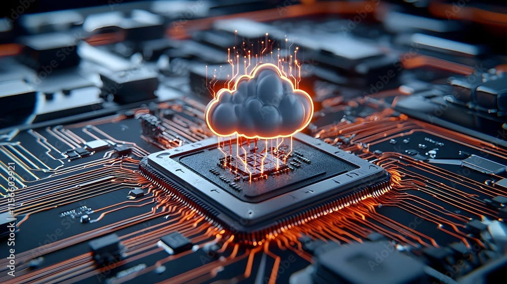 Poster futuristic cloud computing concept with microchip and connections