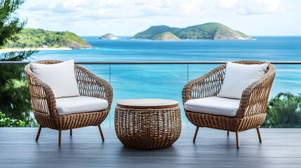 Fototapeta premium Wicker chairs and table overlooking a scenic ocean view