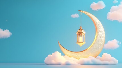 Golden Crescent Moon with Lantern with copy space, Ramadan Celebration. A beautiful, minimalist 3D rendering of a golden crescent moon with a glowing golden lantern hanging from it.