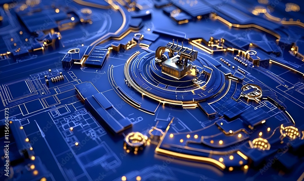 Poster futuristic circuit board design with illuminated components and patterns