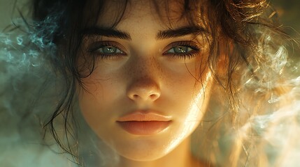 Fototapeta premium Woman with Wet Hair Surrounded by Smoke