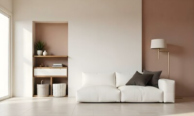 A modern, minimalist living room with a large white sectional sofa, wooden shelving unit, and neutral-toned decor , during the day with clear skies in the background.