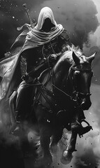 Fototapeta premium Black and White Hooded Horseman with Roman-Greek Flair