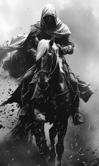 Fototapeta premium Black and White Hooded Horseman with Roman-Greek Flair