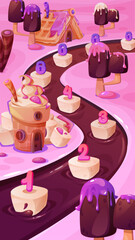 Candy land game level map. Winding chocolate river path with numbered marshmallow platforms, purple locks, popsicles trees, waffle cottage and ice cream house dripping. Mobile puzzle interface.