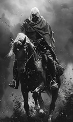 Fototapeta premium Black and White Hooded Horseman with Roman-Greek Flair