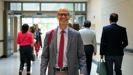 A principal in a suit and tie smiles and welcomes new students as they enter the school