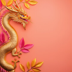 Obraz premium Golden dragon with vibrant orange background and colorful leaves