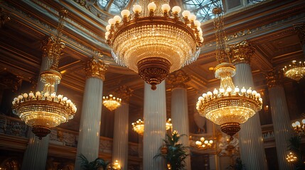 Grand Crystal Chandeliers Illuminate Gilded Hall Columns