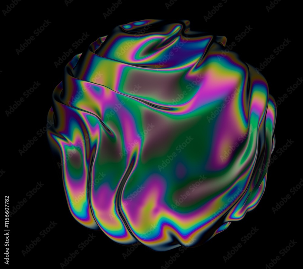 Poster holographic vibrant glossy sphere with ripples and distortions on the surface with rainbow iridescen