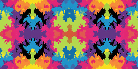 A colorful and abstract painting with a black and white center. The painting is full of bright colors and has a psychedelic feel to it. The black and white center adds a sense of contrast