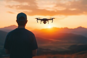 Man Operating Drone at Sunset Over Scenic Mountain Landscape