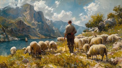 A shepherd tending to a flock of sheep by a serene lake surrounded by mountains.