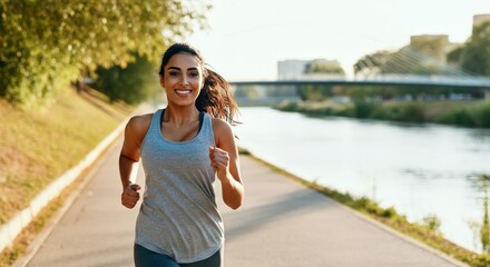 Fototapeta premium Energetic young hispanic woman jogging along riverside path in urban setting for fitness and wellbeing
