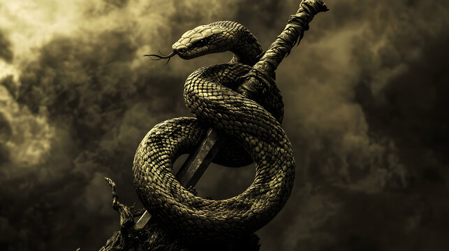 Coiled serpent around a sword against a stormy sky, symbolizing danger, power, resilience, and mystery in a dark cinematic setting with dramatic textures and intense visual appeal