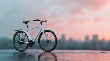 Fototapeta premium Modern White Bicycle on Urban Rooftop at Sunset with Cityscape