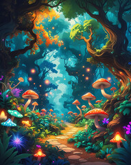Exotic Forest with Strange and Beautiful mushroom. created by generative ai