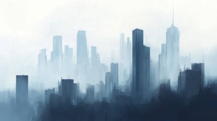 Fototapeta premium A Misty Urban Landscape with Skyscrapers in Soft Blue Hues