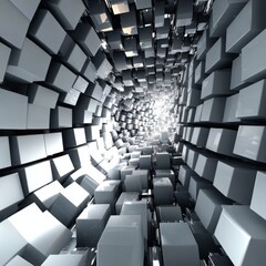 Abstract tunnel of grey and white cubes leading to bright light.