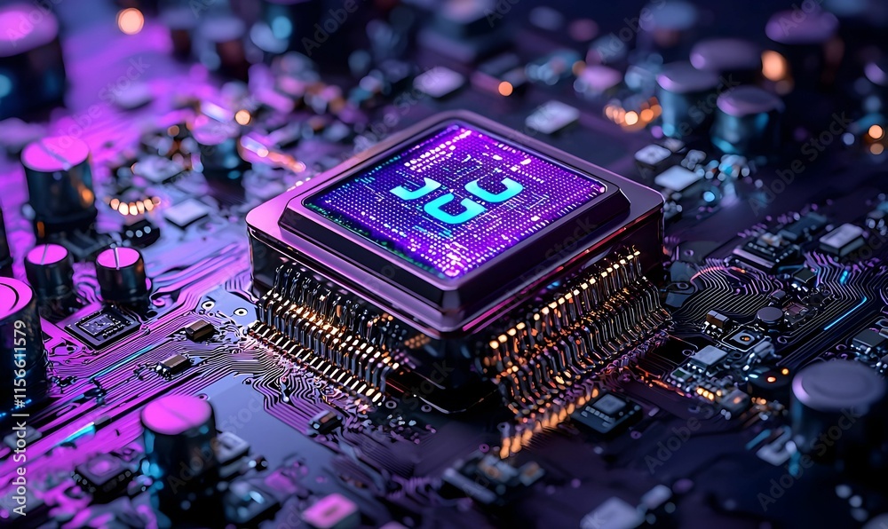 Poster close-up of high-tech circuit board with colorful microchip design