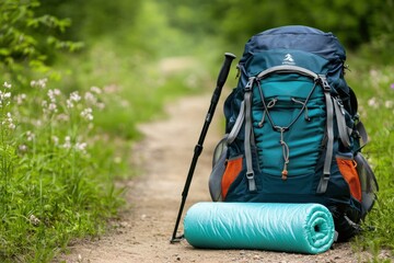 Fototapeta premium Colorful Hiking Backpack with Sleeping Pad on Nature Trail