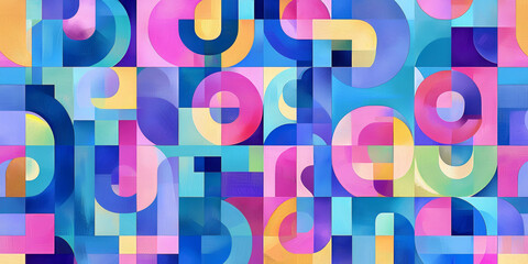 Fototapeta premium A colorful abstract painting with many different shapes and colors. The painting is made up of squares and circles, and it has a vibrant and energetic feel to it. The colors are bright and bold