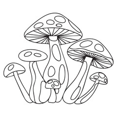 Coloring page. Cartoon cute mushroom illustration. Childish design for kids activity colouring book. Vector colorless picture. Freehand sketch