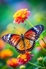 Fototapeta premium closeup of a stunning butterfly resting on a bright flower with vivid colors and blurred green backdrop mobile wallpaper background