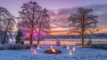 Winter sunset scene with fire pit, snow-covered trees, and illuminated landscape.