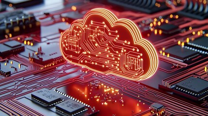 Futuristic Digital Cloud with Circuit Board Pattern and Glow Effects