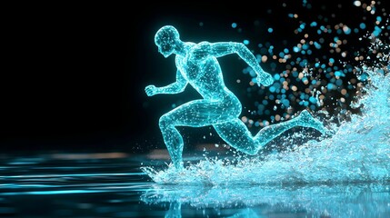 Fototapeta premium Futuristic Digital Human Runner on Water Surface with Sparkling Effects