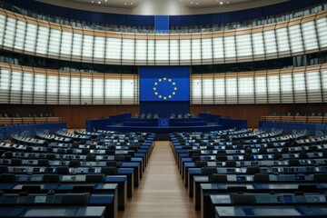 Fototapeta premium Modern European Parliament Interior with Flag and Empty Seating