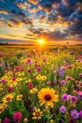 Fototapeta premium Scenic view of a vibrant wildflower field bathed in warm sunset light, with dramatic clouds overhead Mobile Wallpaper Background