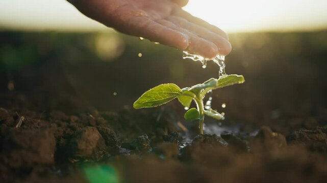 Ecotourism and agribusiness, farmer irrigating seedlings in field, closeup view. Professional agronomist pouring water on small green plant from hand, ecology and saving nature, agriculture industry