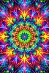 vibrant kaleidoscope pattern with neon swirling colors forming intricate mandala design, perfect for mobile wallpaper background