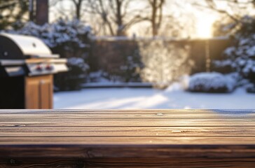 An empty wooden table with a blurred, snowy backyard and a grill in the background, close-up, with a bokeh effect, creating a winter scene. 