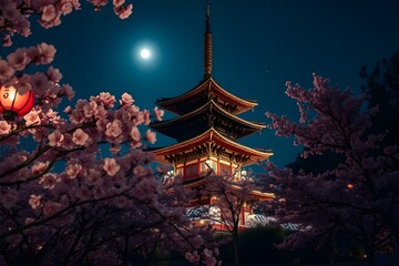 A historical Japanese pagoda building. Decorated with cherry blossoms and light at night.