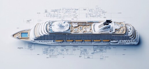 A detailed illustration of a cruise ship with technical schematics.