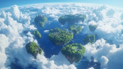 Aerial view of multiple lush, floating islands above cloudscape.