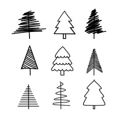 Set of christmas tree Hand drawn line art design. Holiday decoration isolated elements. Vector illustration