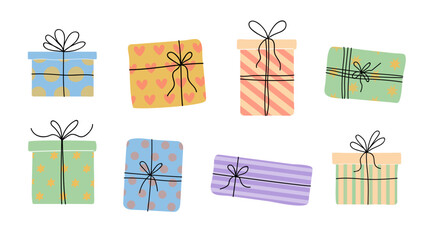 Colorful gift boxes arranged in a playful layout on a white background