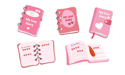 Love diary vector set in flat design. Pink notebook for lover. Love element, valentine element vector in cartoon style isolated on white background.
